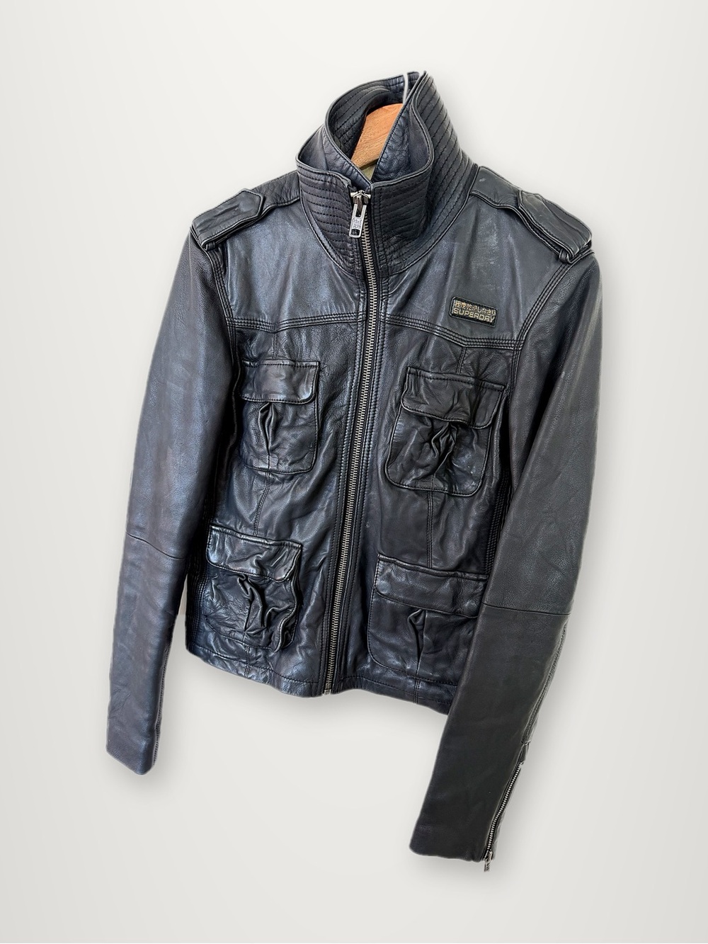 Superdry Black Leather Bomber Jacket with Stand Collar (M)